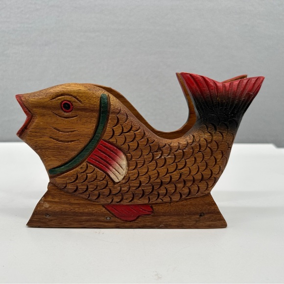 Vintage Hand Carved Painted Wooden Fish Napkin Mail Holder Fisherman Lake House - Picture 1 of 14